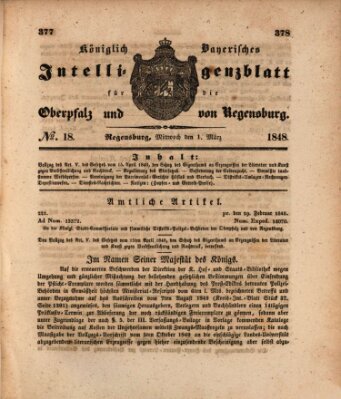 Königlich bayerisches Intelligenzblatt für die Oberpfalz und von Regensburg Mittwoch 1. März 1848