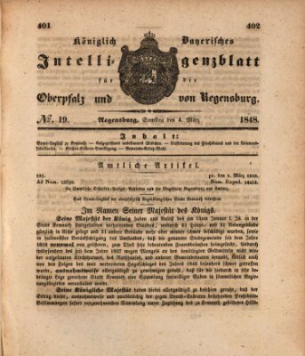 Königlich bayerisches Intelligenzblatt für die Oberpfalz und von Regensburg Samstag 4. März 1848