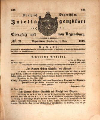 Königlich bayerisches Intelligenzblatt für die Oberpfalz und von Regensburg Samstag 11. März 1848