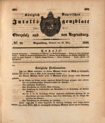 Königlich bayerisches Intelligenzblatt für die Oberpfalz und von Regensburg Mittwoch 22. März 1848