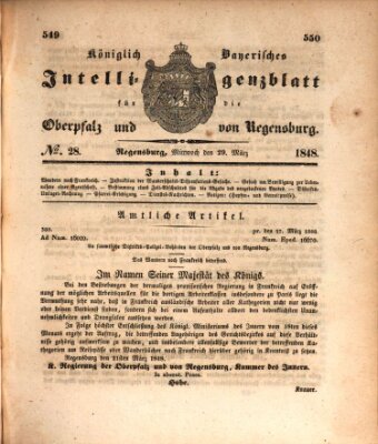Königlich bayerisches Intelligenzblatt für die Oberpfalz und von Regensburg Mittwoch 29. März 1848