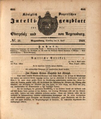 Königlich bayerisches Intelligenzblatt für die Oberpfalz und von Regensburg Samstag 8. April 1848
