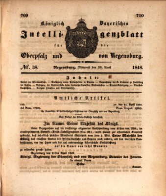 Königlich bayerisches Intelligenzblatt für die Oberpfalz und von Regensburg Mittwoch 26. April 1848