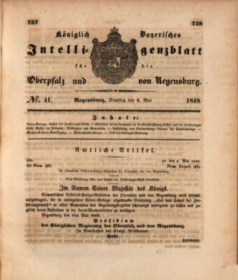 Königlich bayerisches Intelligenzblatt für die Oberpfalz und von Regensburg Samstag 6. Mai 1848