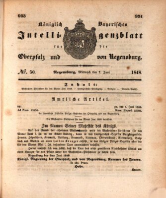 Königlich bayerisches Intelligenzblatt für die Oberpfalz und von Regensburg Mittwoch 7. Juni 1848