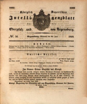 Königlich bayerisches Intelligenzblatt für die Oberpfalz und von Regensburg Mittwoch 28. Juni 1848