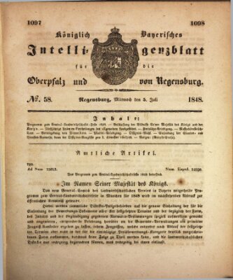 Königlich bayerisches Intelligenzblatt für die Oberpfalz und von Regensburg Mittwoch 5. Juli 1848