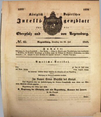 Königlich bayerisches Intelligenzblatt für die Oberpfalz und von Regensburg Samstag 22. Juli 1848