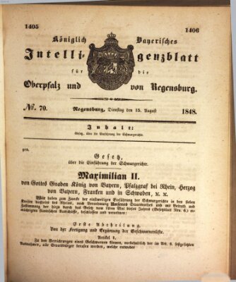 Königlich bayerisches Intelligenzblatt für die Oberpfalz und von Regensburg Dienstag 15. August 1848