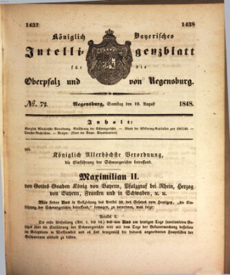 Königlich bayerisches Intelligenzblatt für die Oberpfalz und von Regensburg Samstag 19. August 1848