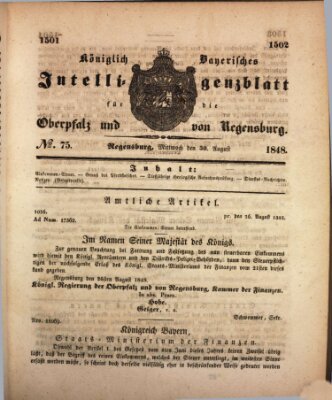 Königlich bayerisches Intelligenzblatt für die Oberpfalz und von Regensburg Mittwoch 30. August 1848