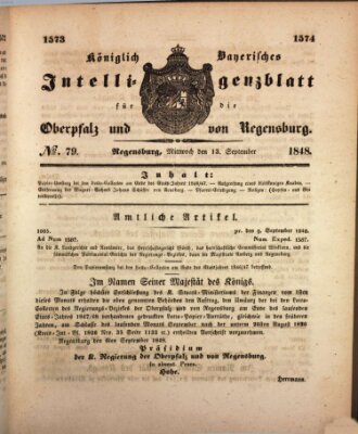 Königlich bayerisches Intelligenzblatt für die Oberpfalz und von Regensburg Mittwoch 13. September 1848