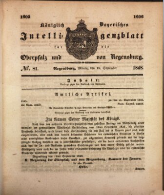 Königlich bayerisches Intelligenzblatt für die Oberpfalz und von Regensburg Montag 18. September 1848