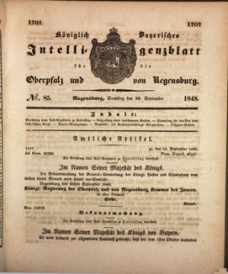 Königlich bayerisches Intelligenzblatt für die Oberpfalz und von Regensburg Samstag 30. September 1848