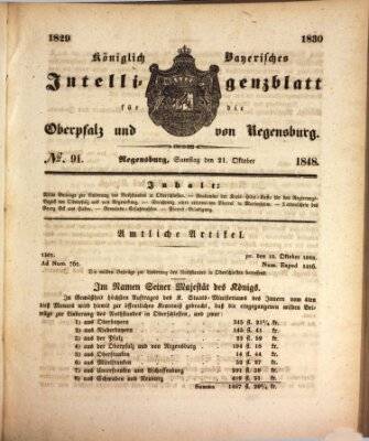 Königlich bayerisches Intelligenzblatt für die Oberpfalz und von Regensburg Samstag 21. Oktober 1848