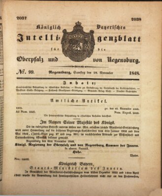 Königlich bayerisches Intelligenzblatt für die Oberpfalz und von Regensburg Samstag 18. November 1848