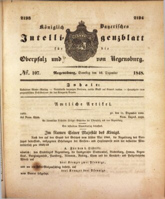 Königlich bayerisches Intelligenzblatt für die Oberpfalz und von Regensburg Samstag 16. Dezember 1848