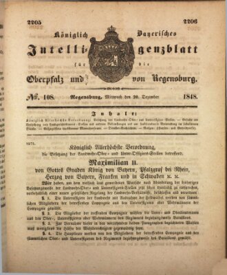 Königlich bayerisches Intelligenzblatt für die Oberpfalz und von Regensburg Mittwoch 20. Dezember 1848