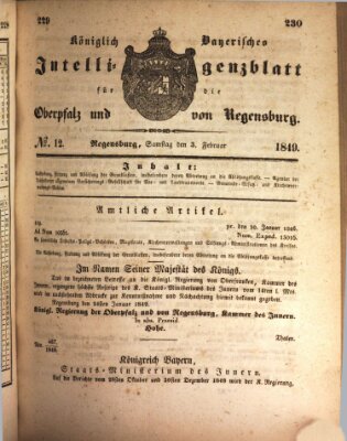 Königlich bayerisches Intelligenzblatt für die Oberpfalz und von Regensburg Samstag 3. Februar 1849