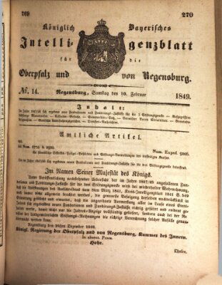 Königlich bayerisches Intelligenzblatt für die Oberpfalz und von Regensburg Samstag 10. Februar 1849