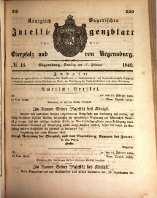 Königlich bayerisches Intelligenzblatt für die Oberpfalz und von Regensburg Samstag 17. Februar 1849