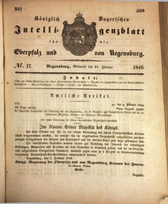 Königlich bayerisches Intelligenzblatt für die Oberpfalz und von Regensburg Mittwoch 21. Februar 1849