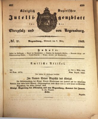 Königlich bayerisches Intelligenzblatt für die Oberpfalz und von Regensburg Mittwoch 7. März 1849