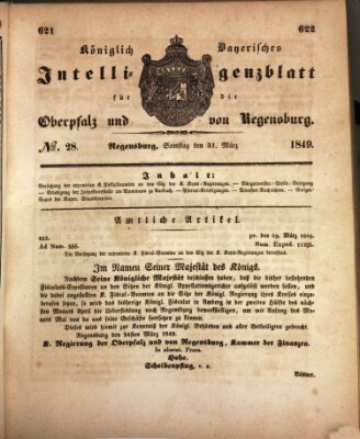 Königlich bayerisches Intelligenzblatt für die Oberpfalz und von Regensburg Samstag 31. März 1849