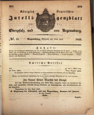 Königlich bayerisches Intelligenzblatt für die Oberpfalz und von Regensburg Mittwoch 11. April 1849