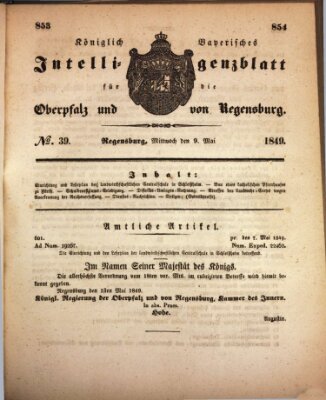 Königlich bayerisches Intelligenzblatt für die Oberpfalz und von Regensburg Mittwoch 9. Mai 1849