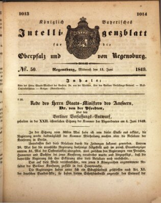 Königlich bayerisches Intelligenzblatt für die Oberpfalz und von Regensburg Mittwoch 13. Juni 1849