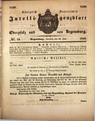 Königlich bayerisches Intelligenzblatt für die Oberpfalz und von Regensburg Samstag 23. Juni 1849