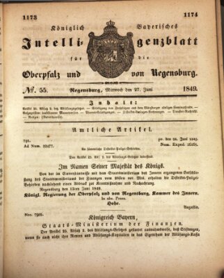 Königlich bayerisches Intelligenzblatt für die Oberpfalz und von Regensburg Mittwoch 27. Juni 1849