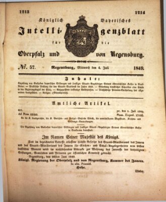 Königlich bayerisches Intelligenzblatt für die Oberpfalz und von Regensburg Mittwoch 4. Juli 1849