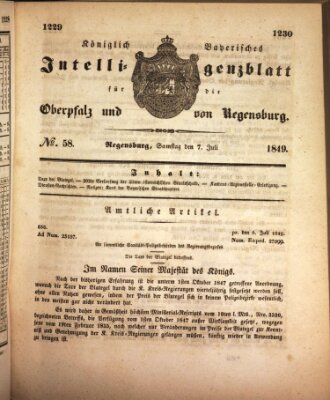 Königlich bayerisches Intelligenzblatt für die Oberpfalz und von Regensburg Samstag 7. Juli 1849