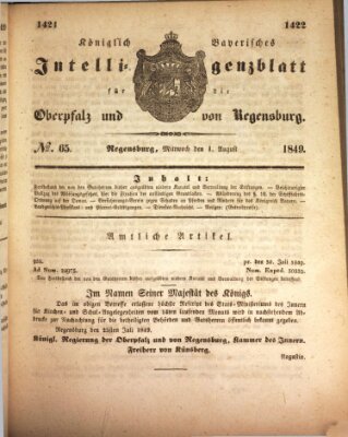 Königlich bayerisches Intelligenzblatt für die Oberpfalz und von Regensburg Mittwoch 1. August 1849