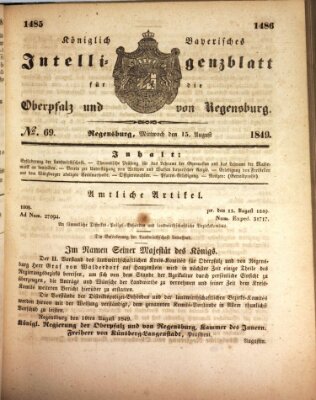 Königlich bayerisches Intelligenzblatt für die Oberpfalz und von Regensburg Mittwoch 15. August 1849
