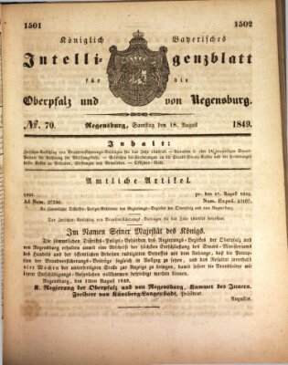 Königlich bayerisches Intelligenzblatt für die Oberpfalz und von Regensburg Samstag 18. August 1849