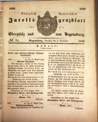 Königlich bayerisches Intelligenzblatt für die Oberpfalz und von Regensburg Samstag 1. September 1849