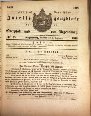 Königlich bayerisches Intelligenzblatt für die Oberpfalz und von Regensburg Mittwoch 5. September 1849