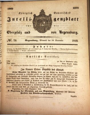 Königlich bayerisches Intelligenzblatt für die Oberpfalz und von Regensburg Mittwoch 19. September 1849