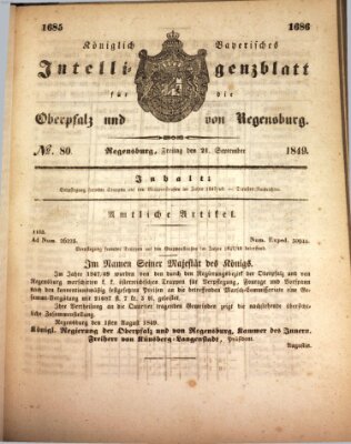 Königlich bayerisches Intelligenzblatt für die Oberpfalz und von Regensburg Freitag 21. September 1849