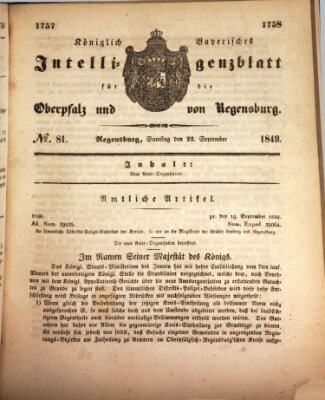 Königlich bayerisches Intelligenzblatt für die Oberpfalz und von Regensburg Samstag 22. September 1849