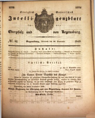 Königlich bayerisches Intelligenzblatt für die Oberpfalz und von Regensburg Mittwoch 26. September 1849