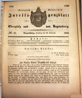 Königlich bayerisches Intelligenzblatt für die Oberpfalz und von Regensburg Samstag 29. September 1849