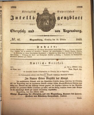 Königlich bayerisches Intelligenzblatt für die Oberpfalz und von Regensburg Samstag 13. Oktober 1849