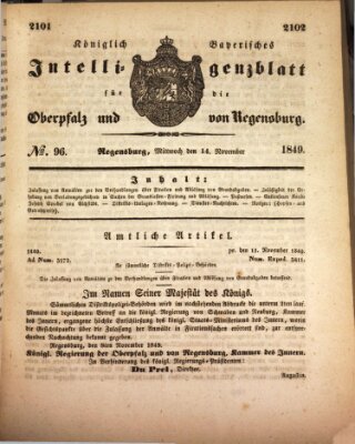 Königlich bayerisches Intelligenzblatt für die Oberpfalz und von Regensburg Mittwoch 14. November 1849