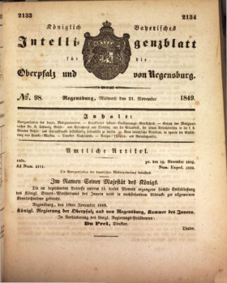 Königlich bayerisches Intelligenzblatt für die Oberpfalz und von Regensburg Mittwoch 21. November 1849