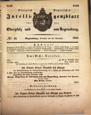 Königlich bayerisches Intelligenzblatt für die Oberpfalz und von Regensburg Samstag 24. November 1849