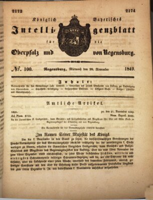 Königlich bayerisches Intelligenzblatt für die Oberpfalz und von Regensburg Mittwoch 28. November 1849